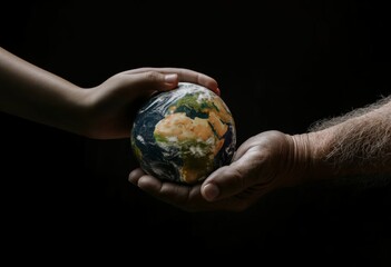 Generations United, Child and Elderly Holding Earth, Symbolizing Global Environmental Protection for Earth Day or World Wildlife Day