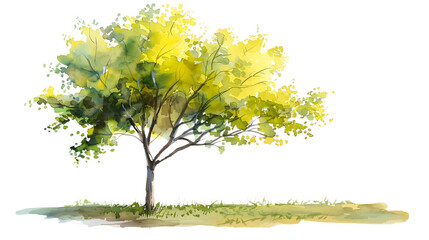 Fototapeta premium Watercolor green tree illustration isolated on transparent background for landscape and architecture drawing. Elements for environment and garden, botanical for section in spring. 