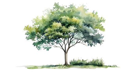 Obraz premium Watercolor green tree illustration isolated on transparent background for landscape and architecture drawing. Elements for environment and garden, botanical for section in spring. 