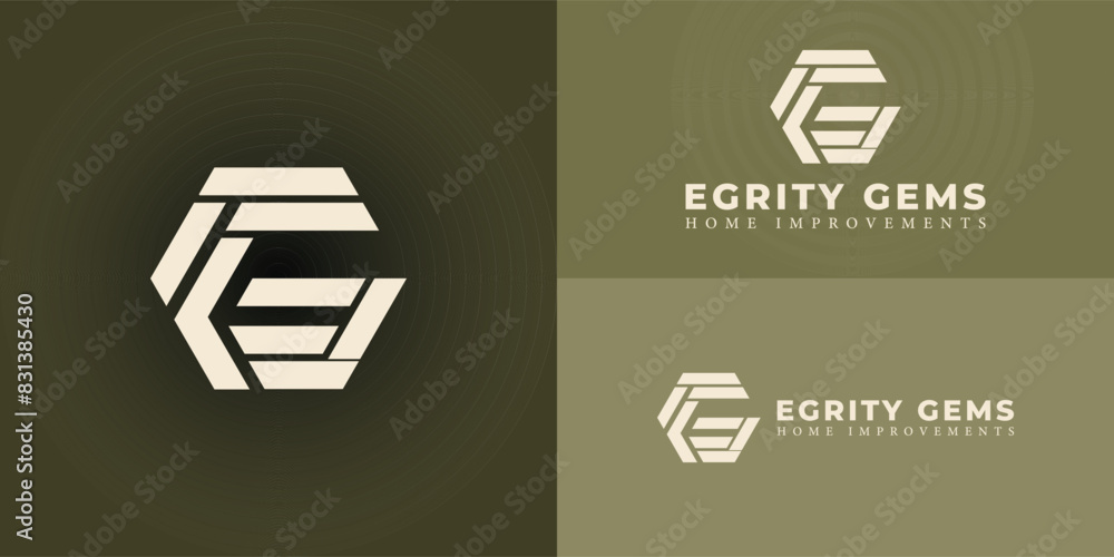 Poster abstract initial hexagon letter eg or ge logo in soft gold color isolated on multiple background col