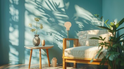 Obraz premium Cozy corner with a comfortable chair, small table, and plants, illuminated by natural light, offering a tranquil and inviting space.