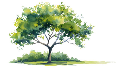Fototapeta premium Watercolor green tree illustration isolated on transparent background for landscape and architecture drawing. Elements for environment and garden, botanical for section in spring. 