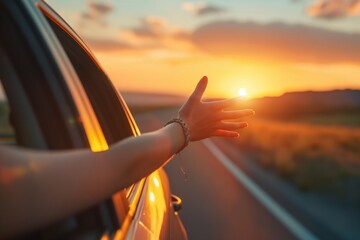 Relaxing Sunset Drive, Woman's Hand Rests on Car Window, Symbolizing Travel, Vacation, and Stress Release
