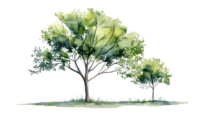 Fototapeta premium Watercolor green tree illustration isolated on transparent background for landscape and architecture drawing. Elements for environment and garden, botanical for section in spring. 