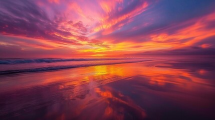 Fototapeta premium Sunrise with vibrant shades of purple lighting up the sky and reflecting on the wet sand of the beach.