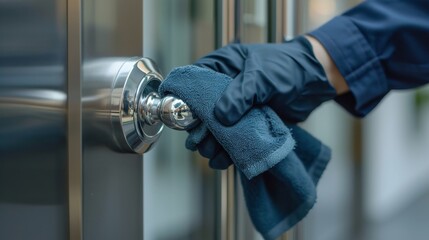 Close-up of a housekeeper's hand cleaning a stainless steel doorknob with a spray bottle and microfiber cloth