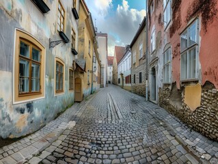 Fototapeta premium Panoramic view of a cobblestone street lined with buildings of various textures and colors. Historic architecture and a sense of European charm.