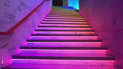 A modern staircase with a dynamic color-changing LED strip along the handrail