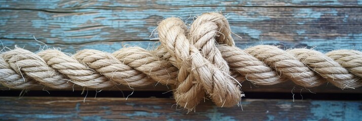 Close-up shot of weathered vintage rope, showing its intricate texture and frayed ends, against a rustic wooden background
