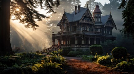 Fototapeta premium grand Victorian mansion enveloped in the mystical embrace of an ancient redwood forest, 