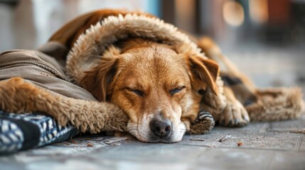 An abandoned dog curled up next to a homeless person, highlighting companionship in hardship