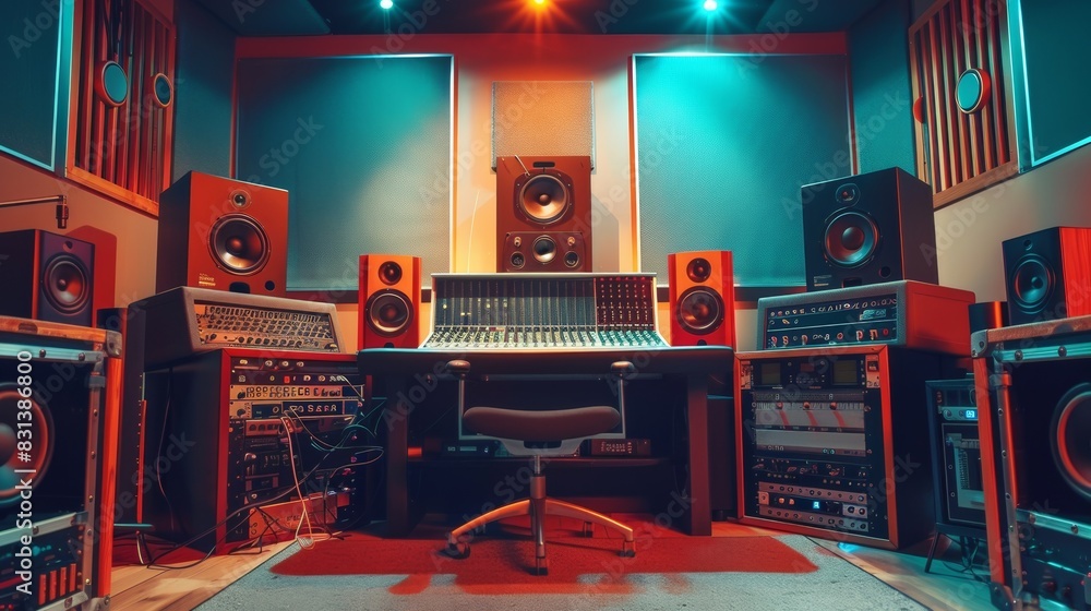 Fototapete a room pulsating with an array of electronic equipment, wires entwined like a technicolor tapestry, 