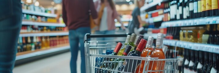 Shopping cart filled to the brim with various products and bottles of wine