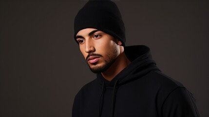 a plain black beanie mockup on a male model's head, shot in a studio 