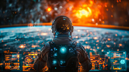 Astronaut observing space through futuristic control panel with bright glowing lights