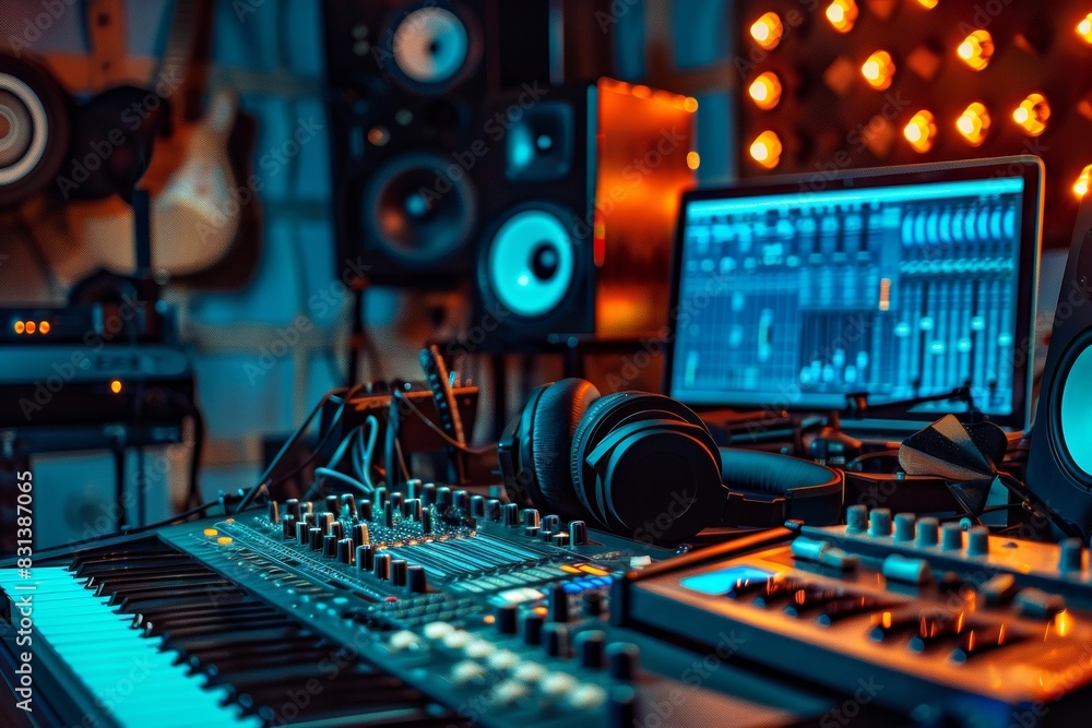 Poster mixing desk with headphones and a laptop in a professional recording studio setting. generative ai