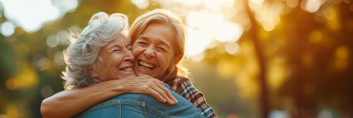 Emotional moment captured as a senior mom and her adult daughter hug each other with big smiles