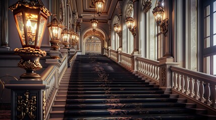 A grand staircase with a regal, velvet-lined railing and a series of ornate, hanging lanterns