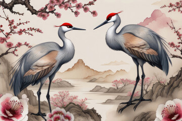 Art background with elegant sandhill cranes stand amidst plum blossoms, their wings outstretched.