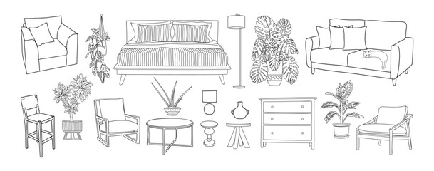 Collection of elegant modern furniture and home interior decorations of trendy Mid century modern retro 70s style hand drawn black sketch on transparent background. Monochrome vector illustration.