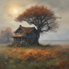 There is a tree and a house on the vast grassland