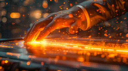 Hand interacting with futuristic touch screen with glowing orange interface