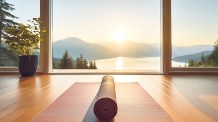 yoga mat unrolled on a white wooden floor, 