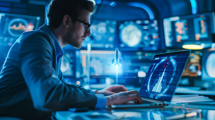 Man working on a laptop with futuristic digital overlay