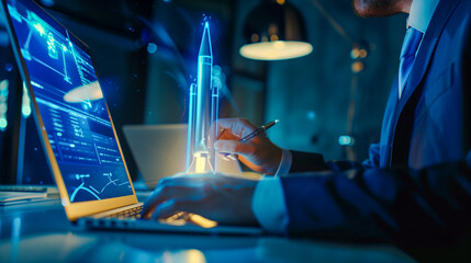 Man working on a laptop with futuristic digital overlay