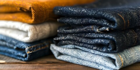 Closeup of folded denim jeans. Concept Denim Fashion, Close-up Photography