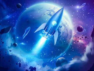 Rocket launching into space with planet in the background