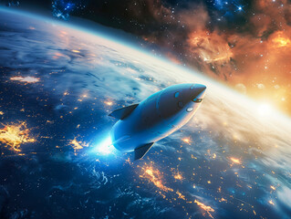 Fototapeta premium Rocket launching into space with planet in the background