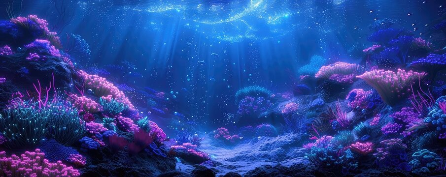 Alien ocean planet with bioluminescent waves and strange marine life, deep blues and purples, digital painting, serene and otherworldly,