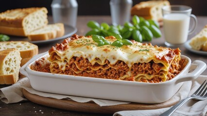 Fototapeta premium Rich and Hearty Italian Lasagna with Layers of Meat Sauce, Creamy Béchamel, and Melted Cheese, Topped with Fresh Basil and Served with Garlic Bread on a Rustic Table