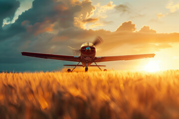 Crop Duster Plane Flying Over Wheat Field at Sunset.
