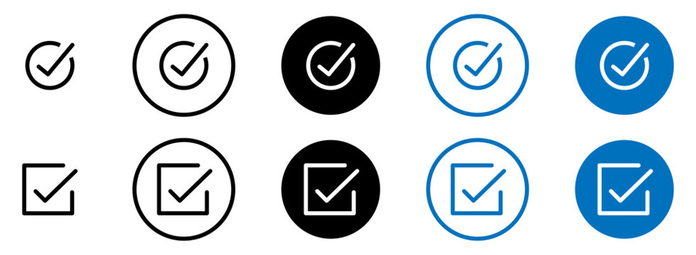Check box icon set with correct. Checkbox symbol sign. Accept checkmark icons tick box. Editable stroke.