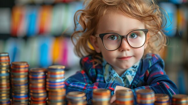 Young child exploring concepts of savings and investments in a colorful, educational setting