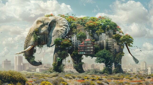 Intricate photo manipulation combining wildlife and urban settings to highlight environmental issues