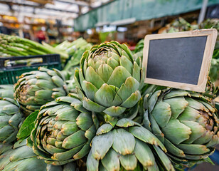 Obraz premium Fresh artichokes for sale at a local farmers market with a price sign in Seferihisar, Izmir, Turkey