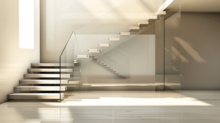 Obraz premium A sleek staircase with glass railings and floating wooden steps in a minimalist luxury home
