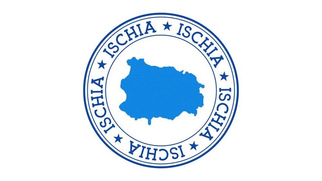 Ischia intro. Badge with the circular name and map of island. Ischia round logo animation.