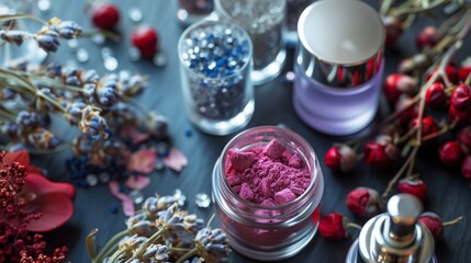 A detailed view of a jar filled with powder resting on a table surface.