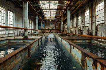 Obraz premium Rustic scene of an abandoned factory interior showcasing dilapidated water trenches and decay