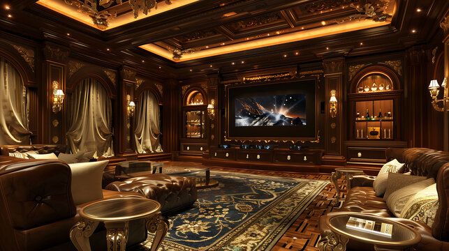 Exquisite home theater with upholstered chairs, large projection screen and surround sound speakers .Entertainment in a conveniently equipped home theater. generative ai