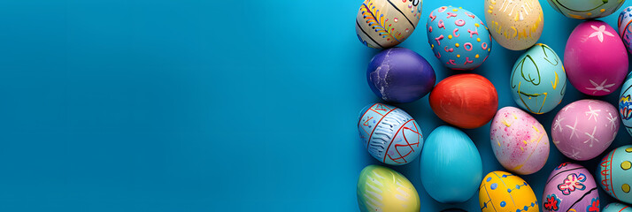 A vibrant Easter themed background with a collection of multi colored eggs arranged on a blue table A banner is included offering copy space for text The image is taken from a top down perspective