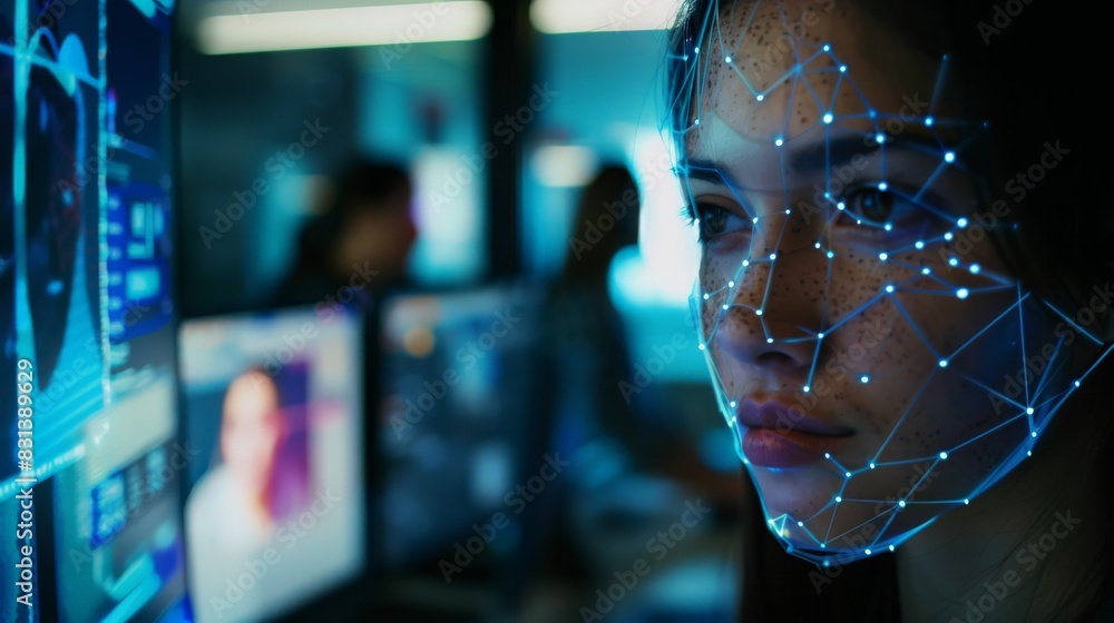 Poster Close-up of a woman's face with digital patterns for face recognition. Represents biometric authentication, cyber security, and modern technology.
