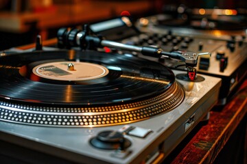 Closeup of a spinning vinyl record on a classic dj turntable with nightclub lighting