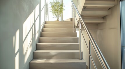 A contemporary staircase with a sleek stainless steel handrail