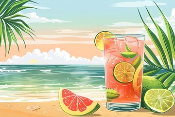 Bright summer illustration with fruits and cocktails