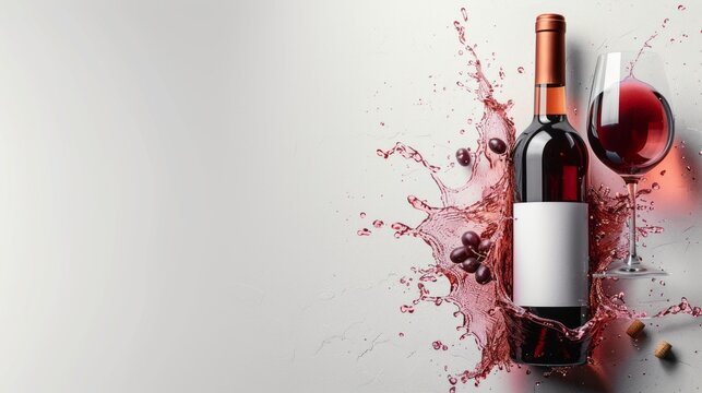 Mockup of a wine bottle and glass with a splash